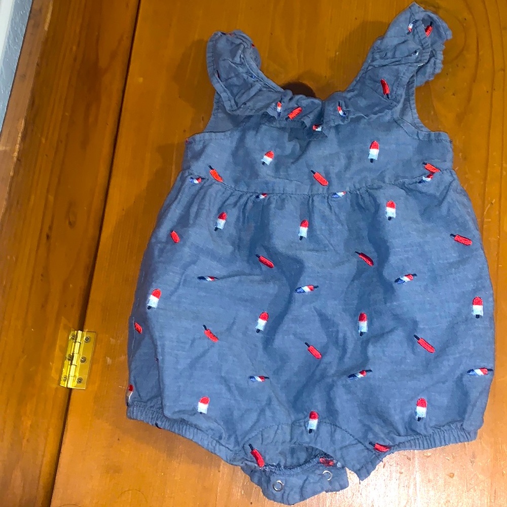 Cat & Jack denim ruffle red, white, and blue popsicle romper. Size 12 months. - Picture 1 of 3